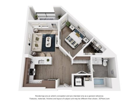 Floor plan for 1 bed, 1 bath, 717 sqft